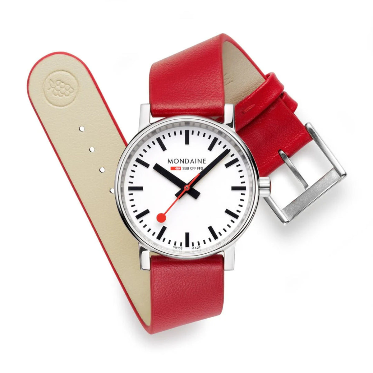 Mondaine Evo2 MSE.35110.LCV laid flat, showing looped red leather strap and buckle
