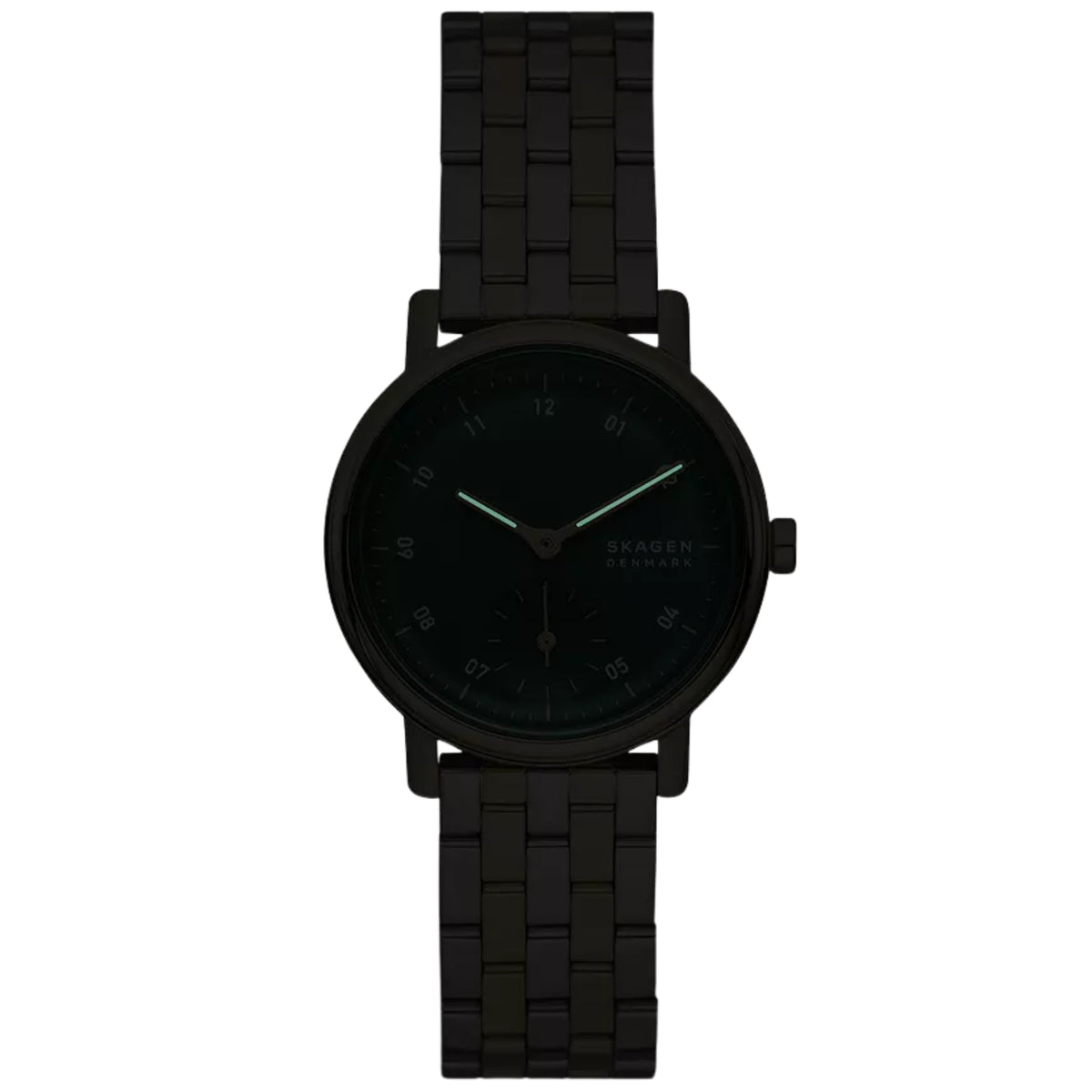 Ladies quartz watch with black dial and black metal strap, gold-toned crown detail.