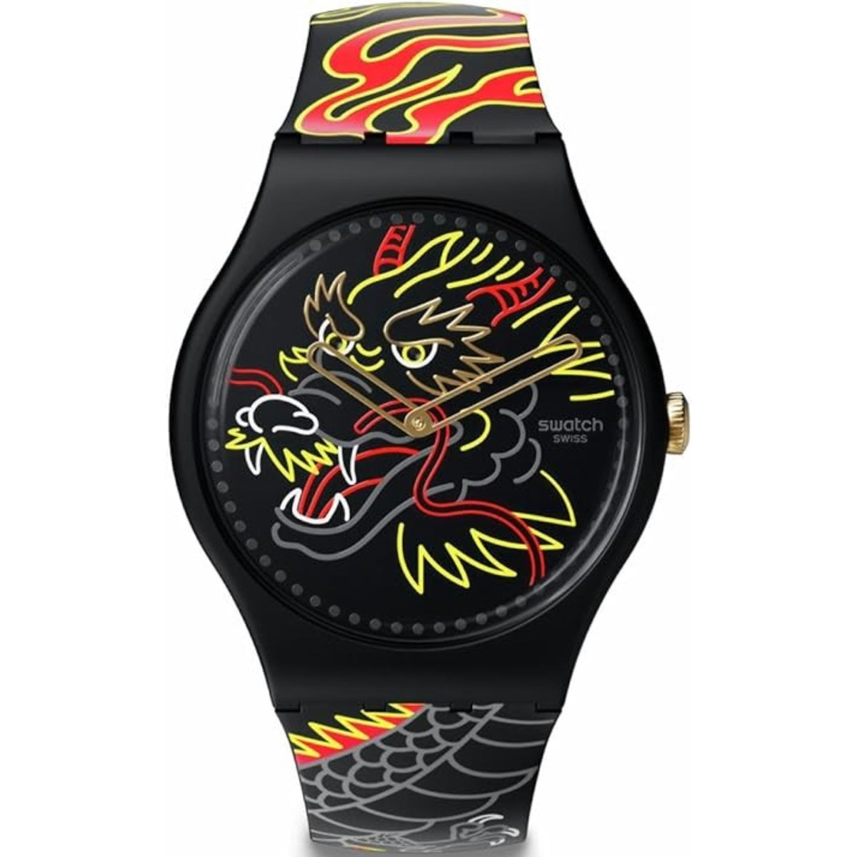 Black silicone watch with dragon dial and gold-tone crown