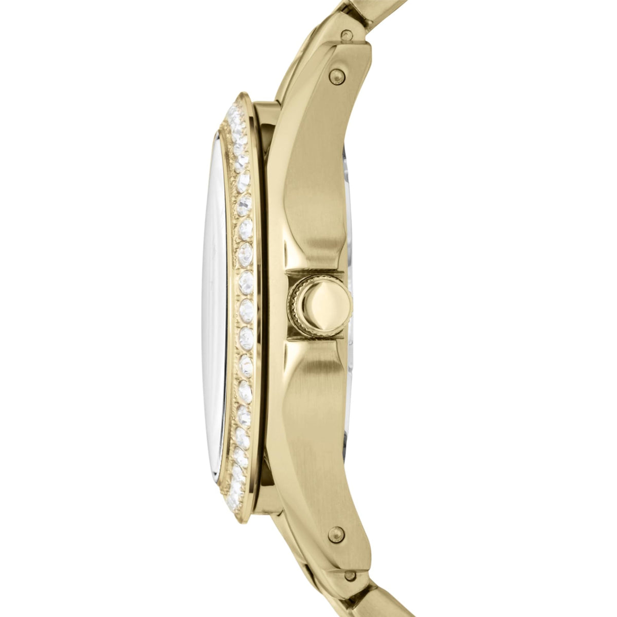 Profile view of the Fossil Riley ES3203 quartz watch showing the slim case thickness, crystal bezel, and push-pull crown