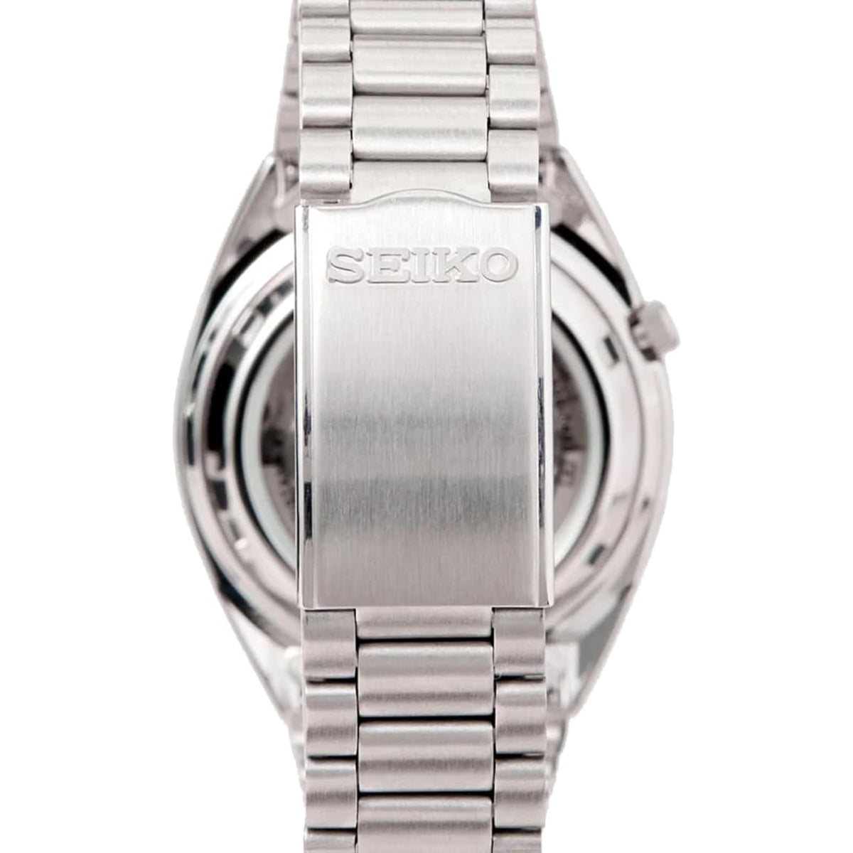 Seiko 5 Classic SNXS77K1 embossed Seiko logo deployment clasp close up