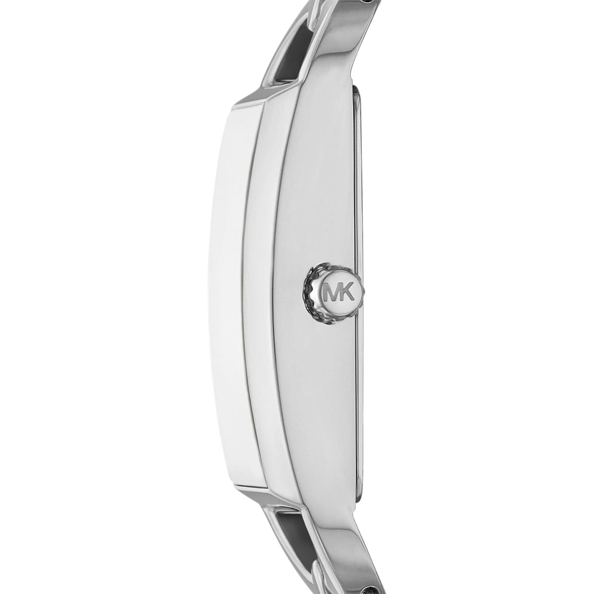 Michael Kors Empire MK7407 side profile view featuring the slender silver-tone case and logo-engraved crown