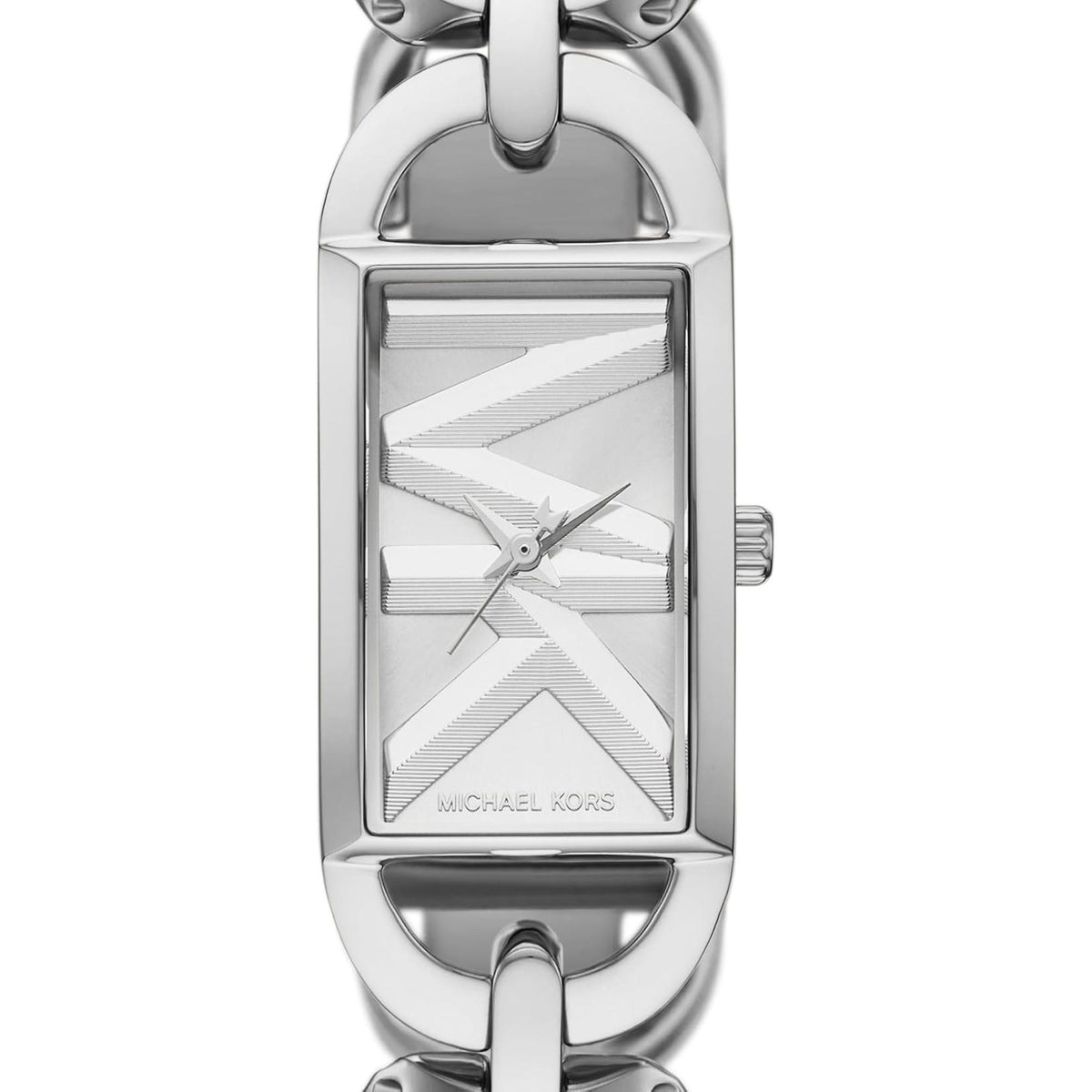 Michael Kors Empire MK7407 close-up front view highlighting the silver rectangular dial, textured logo design, and matching steel bezel