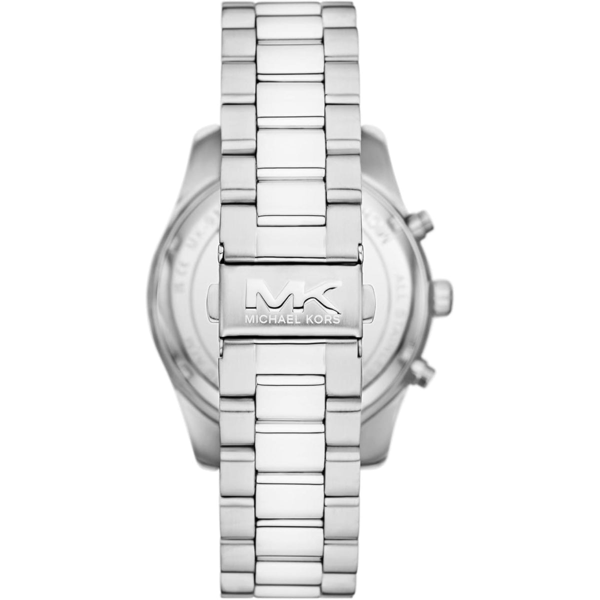 Men's chronograph watch back view with silver bracelet links and MICHAEL KORS logo