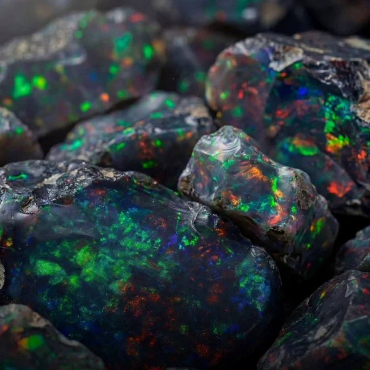 Nivada Grenchen F77 MK2 68062A77-DR close-up view of raw natural black opal gemstones