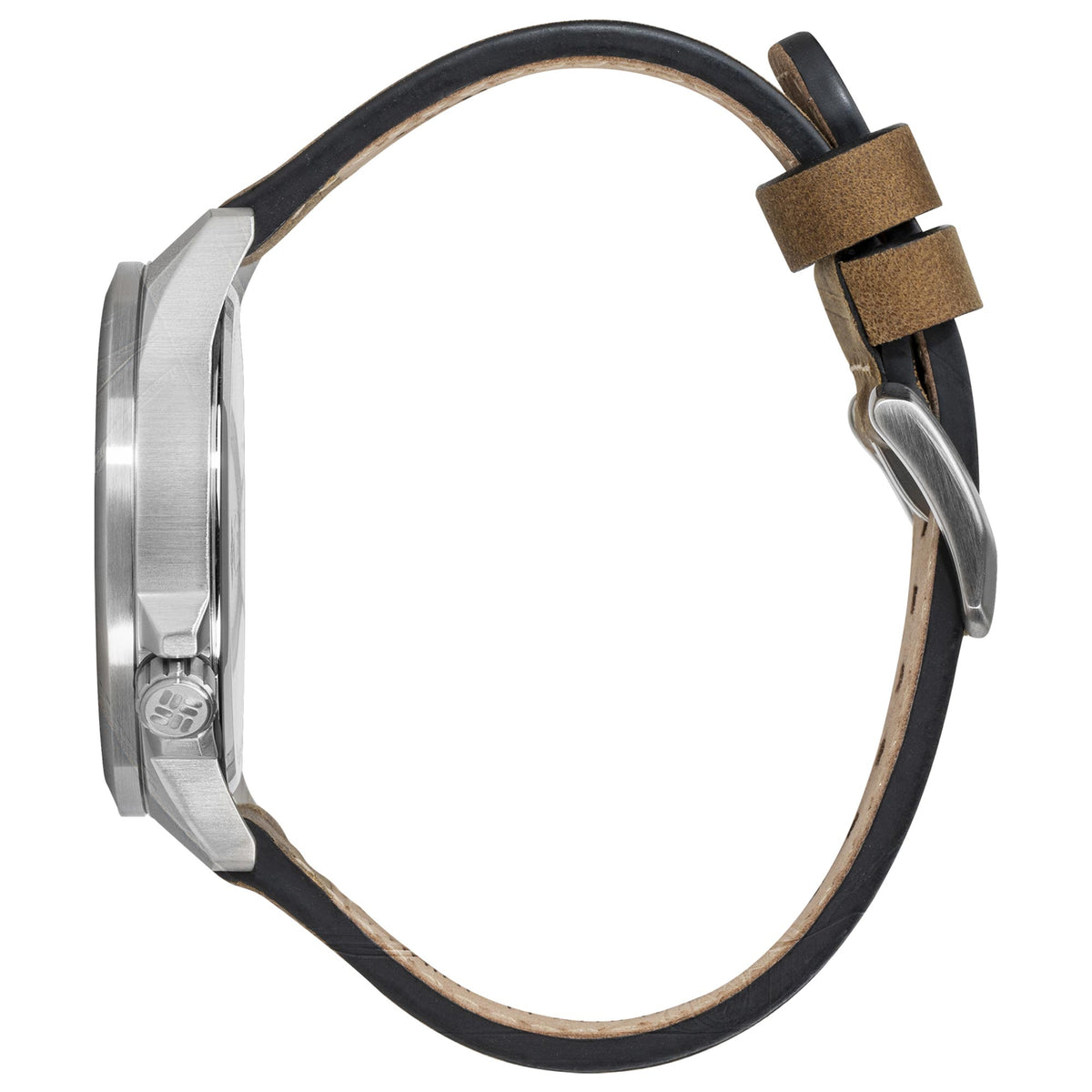 Columbia quartz wristwatch with brown leather strap and silver case side profile