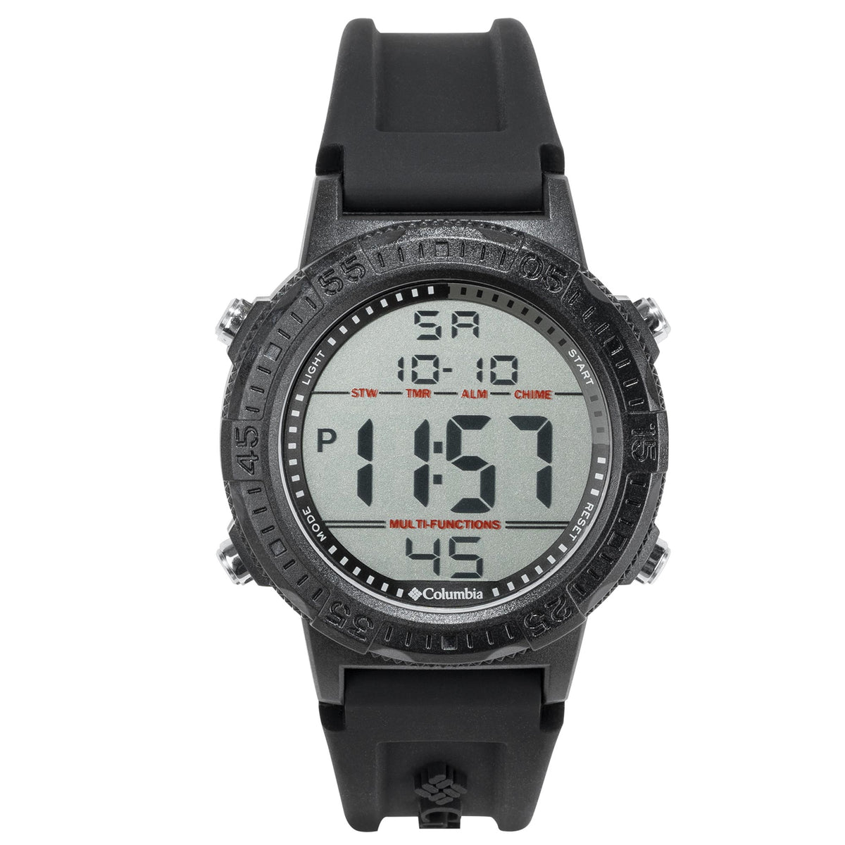 Black digital watch with LCD time display and bezel with printed minute markers