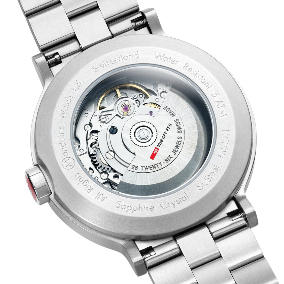 Stainless steel automatic watch caseback with visible movement and screw accents