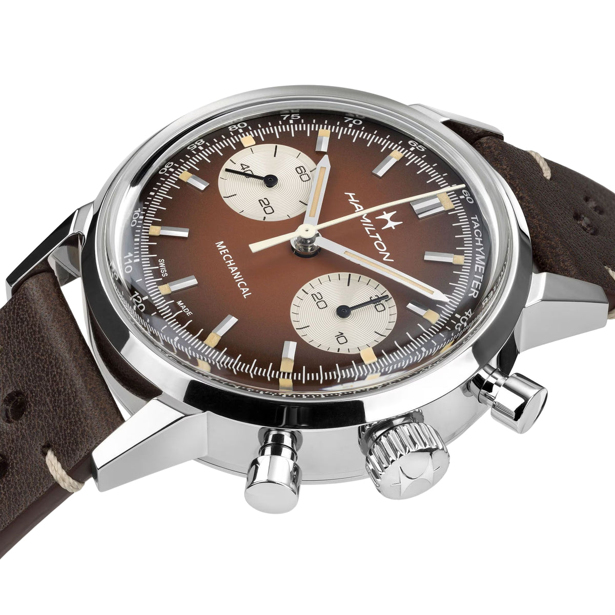 Hamilton mechanical chronograph watch with brown dial, silver chronograph pushers, leather strap