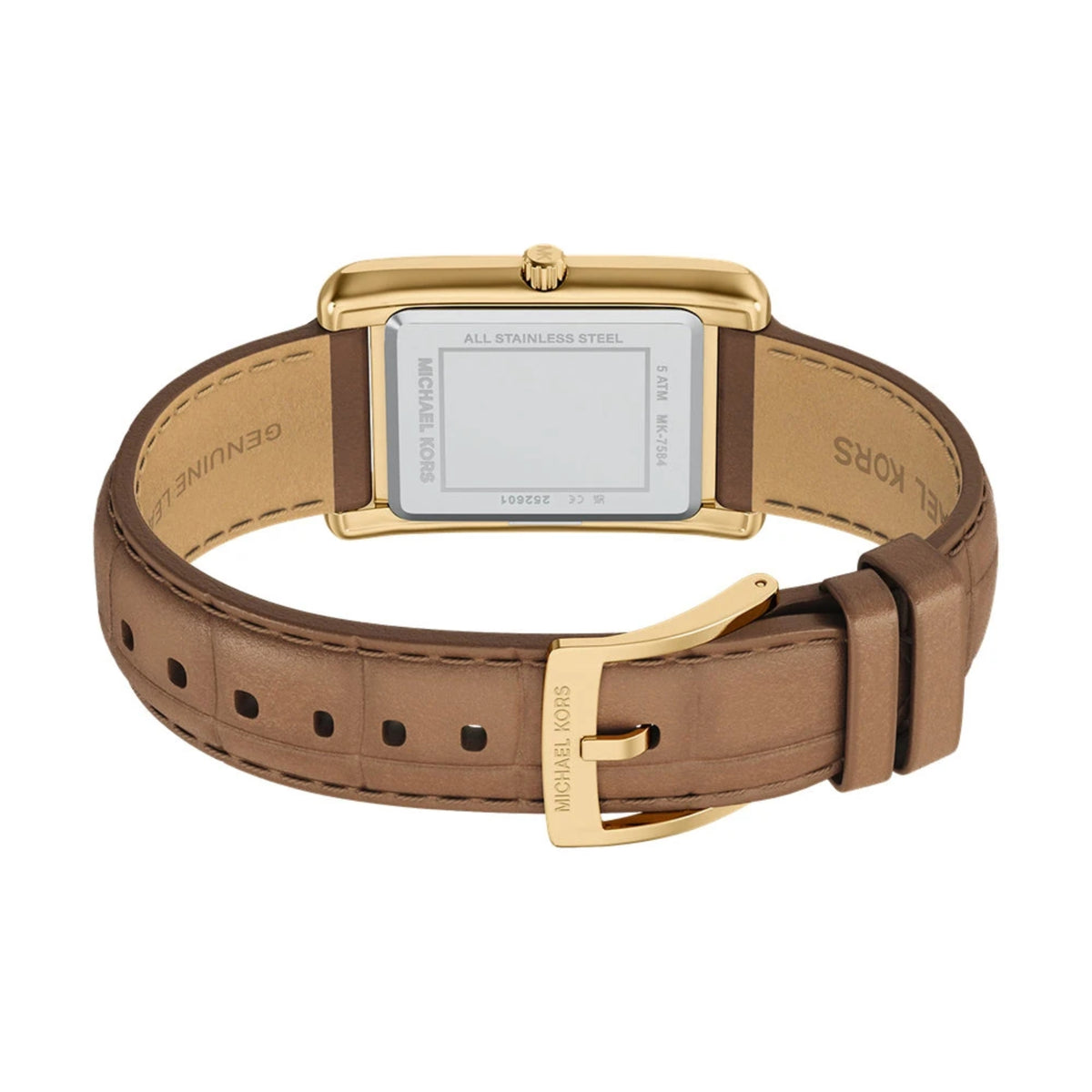 Michael Kors Essex MK7584 angled back view displaying the engraved stainless steel case back and interior leather strap