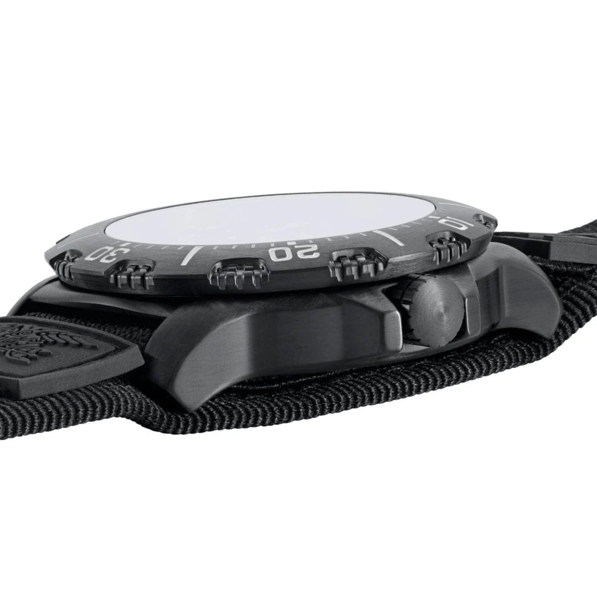 Luminox Navy SEAL watch case and crown detail with black rubber strap