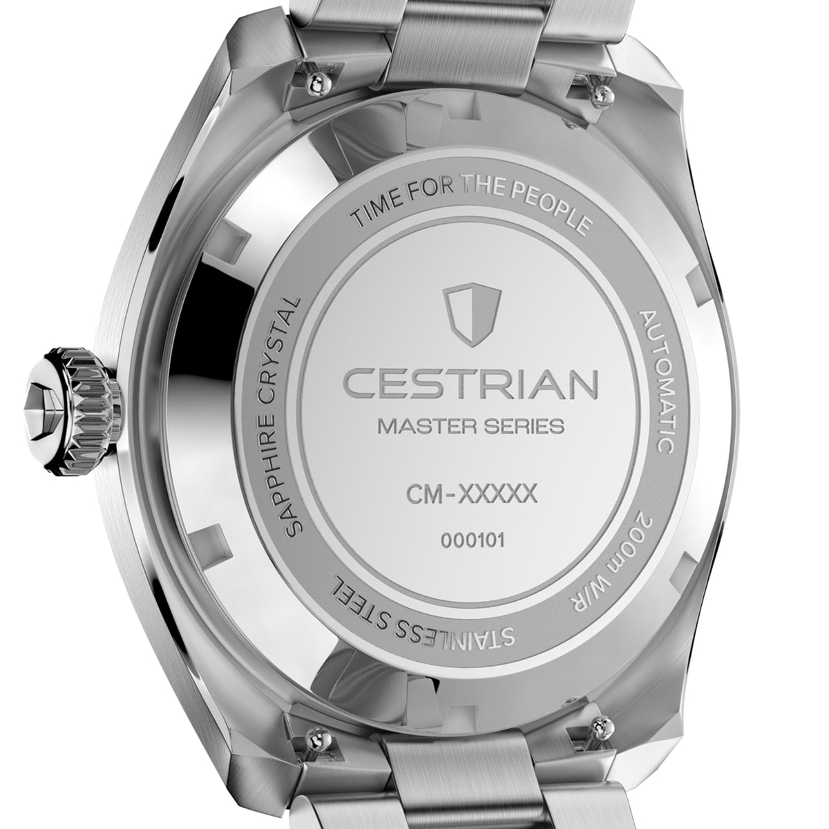 Steel watch caseback with engraved CESTRIAN Master Series and serial markings