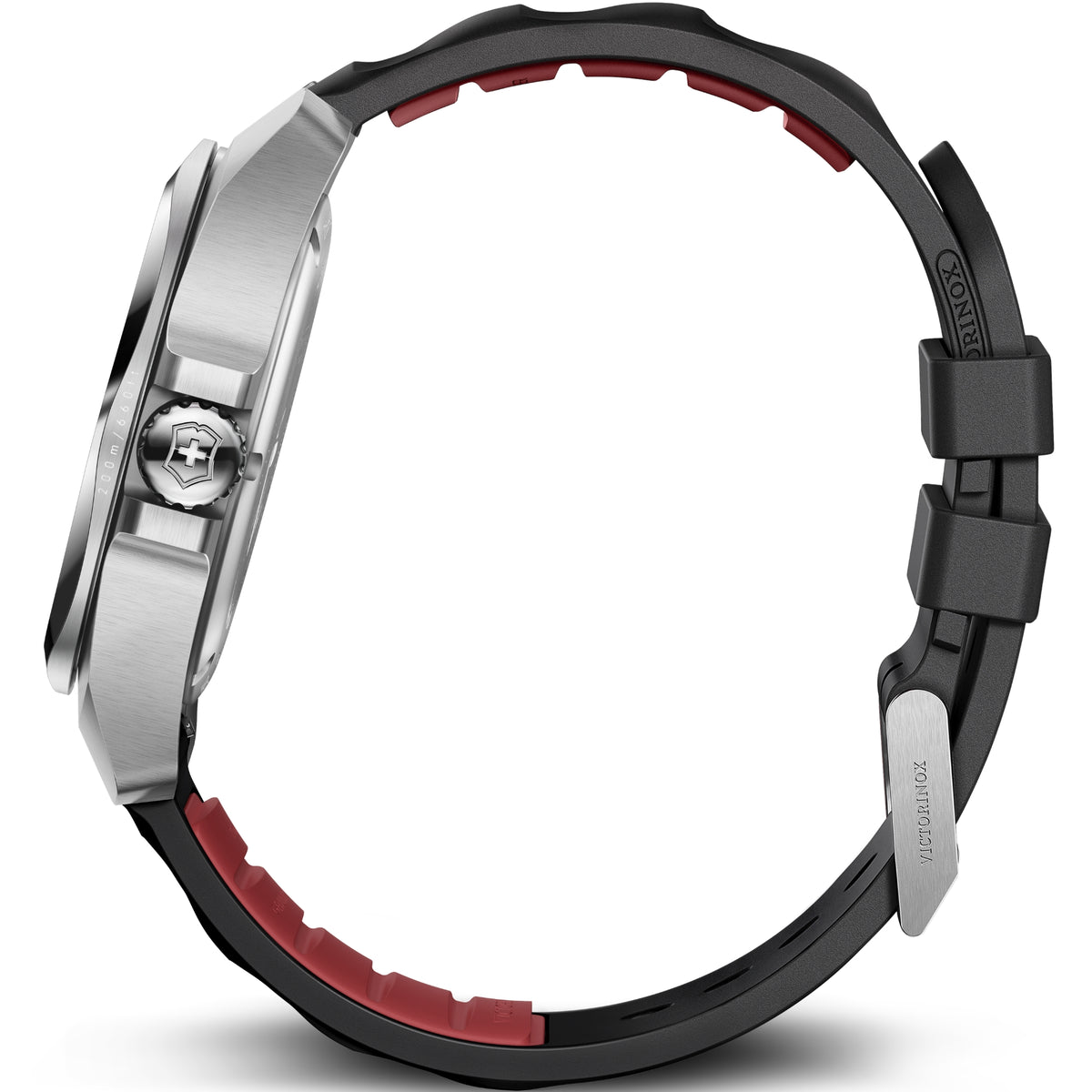 Side view of Victorinox I.N.O.X. 242028 showing stainless steel case, crown, pushers and black rubber strap