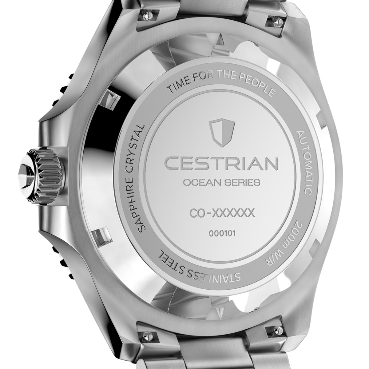 Men's automatic GMT watch caseback on stainless steel, engraved center plate
