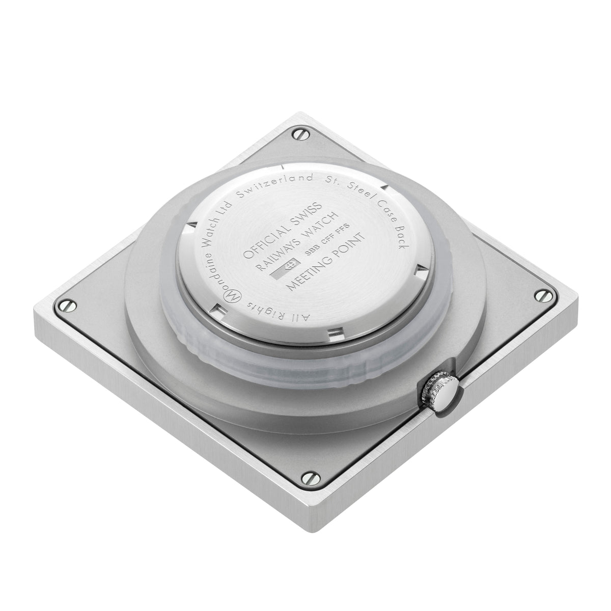 Square aluminum table clock with round movement back and engraved dial text