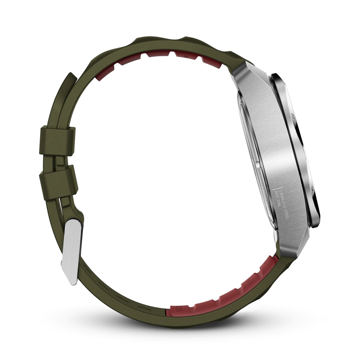 Victorinox I.N.O.X. 242081 43mm watch side profile showing smooth brushed steel case and green rubber strap profile with red backing