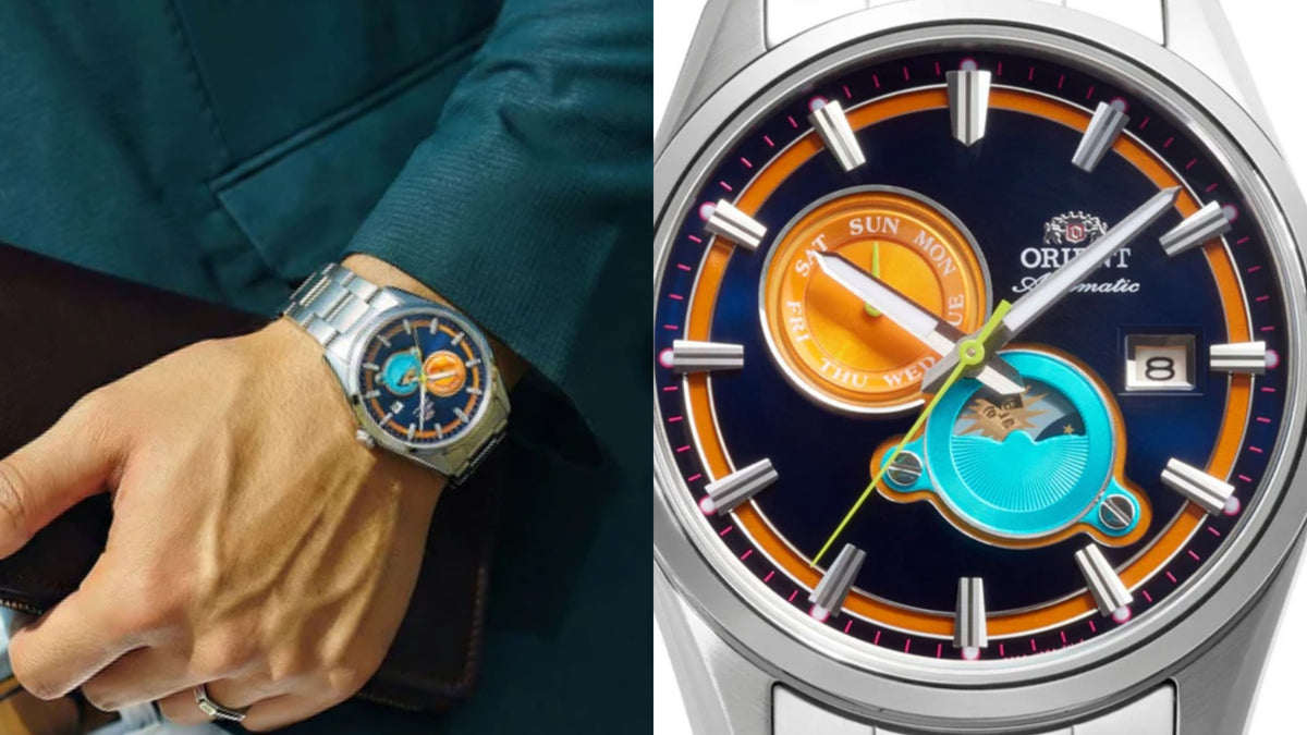 Man wearing a colorful Orient Sun and Moon automatic watch with a stainless steel bracelet and dark blue dial