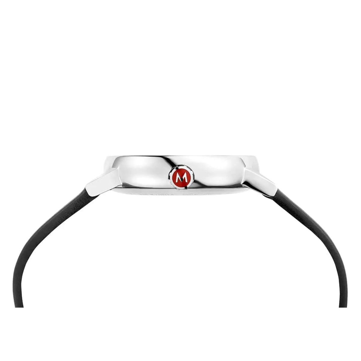 Ultra-slim side profile of Mondaine Evo2 MSE.35110.LBV stainless steel case featuring signature red enamel 'M' logo crown