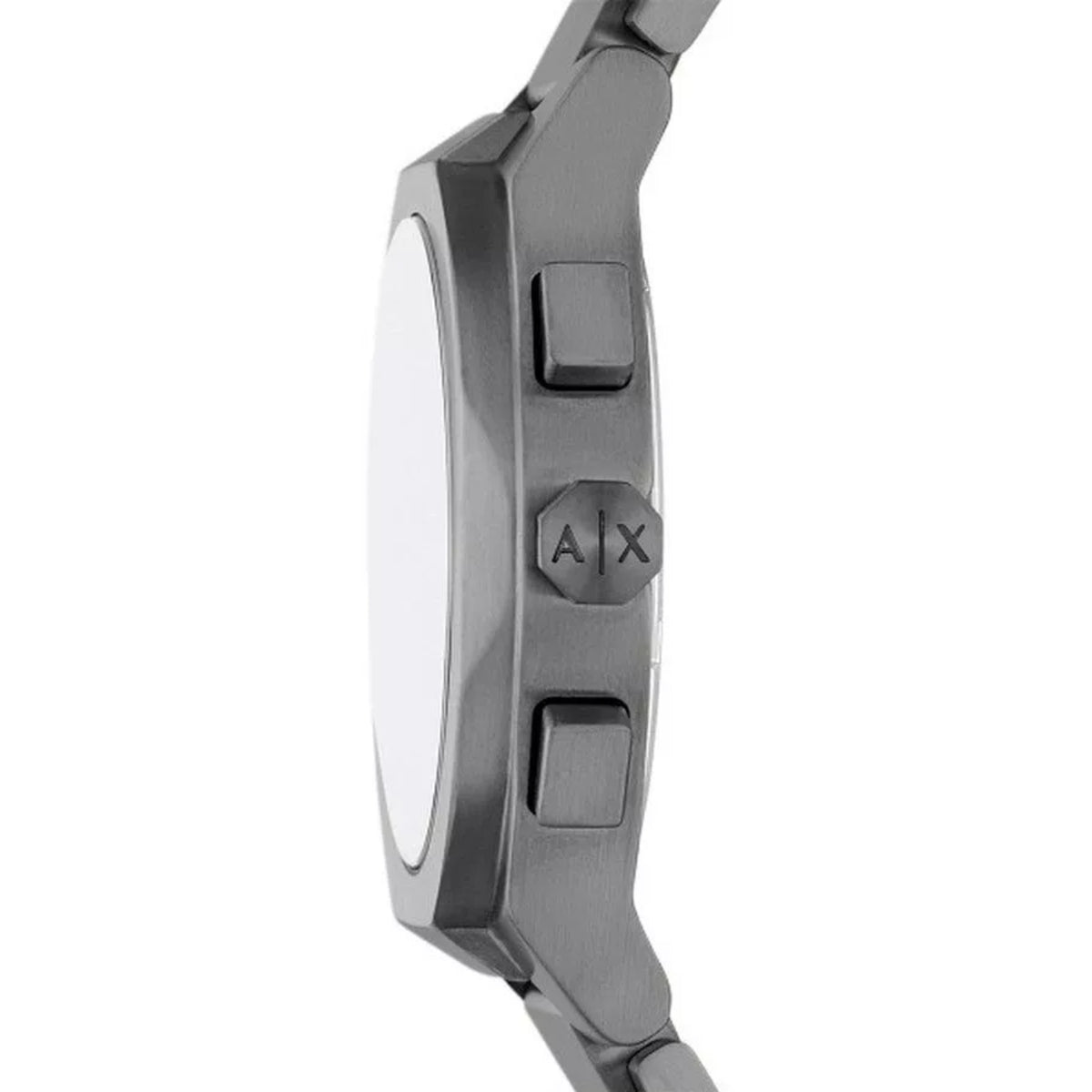 Side view of Armani Exchange Sync 42mm mens quartz chronograph watch highlighting crown, pushers and brushed steel case