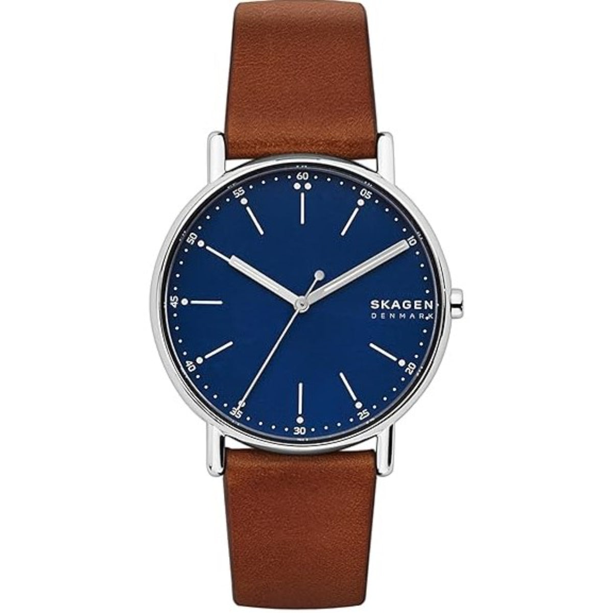 Front View of Skagen Signatur SKW6355 Deep Ocean Dial Watch with Medium Brown Leather Strap