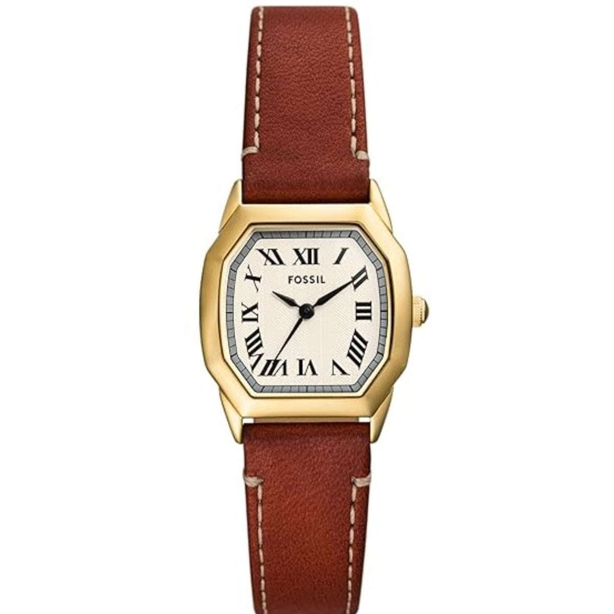 Fossil ladies quartz watch, cream Roman dial, gold-tone case, brown leather strap