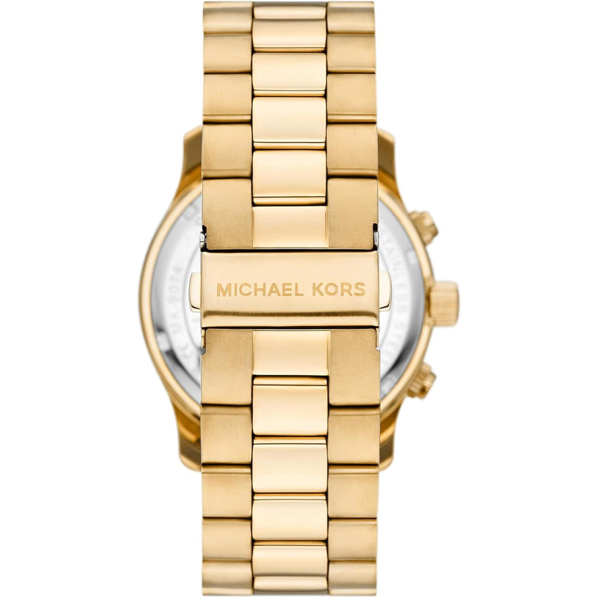 Gold steel bracelet watch with hinged clasp, close-up of band and case back.