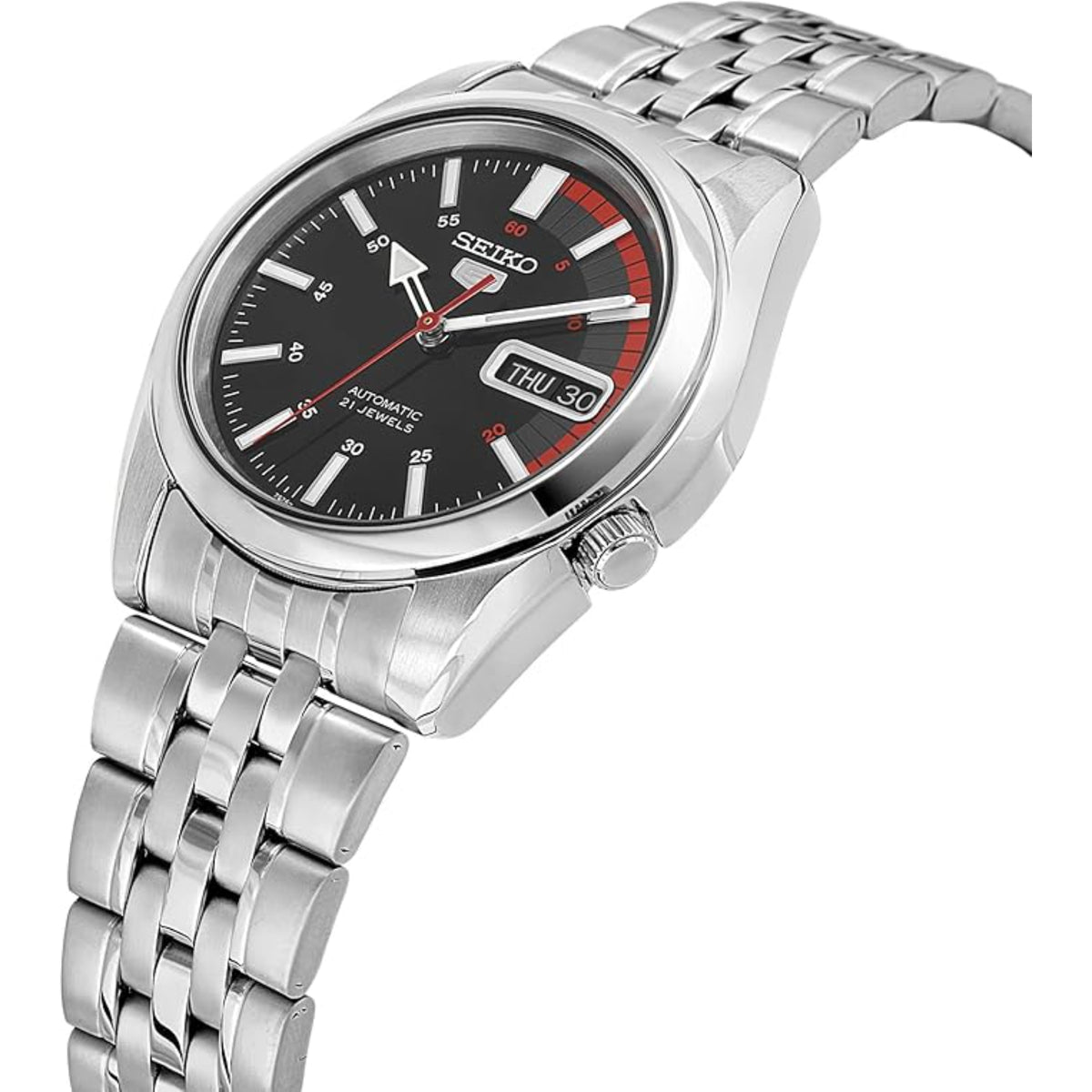 Seiko 5 SNK375K1 automatic wristwatch with black dial, red second hand, and day/date window on steel bracelet