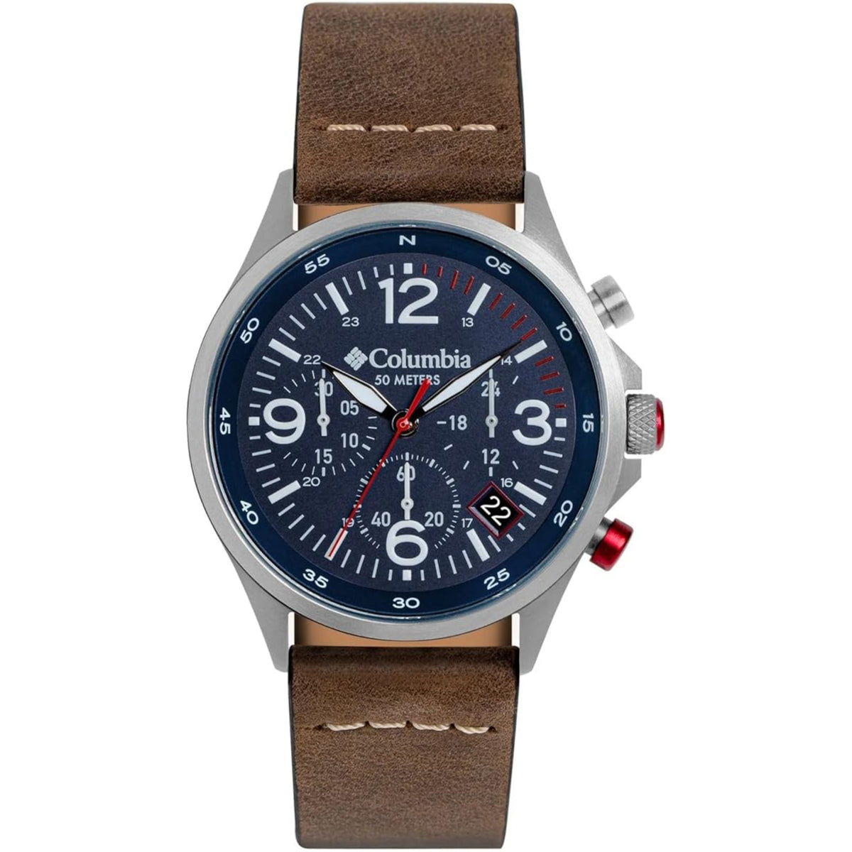 Men's quartz watch with blue dial, brown leather strap, silver case, red accents