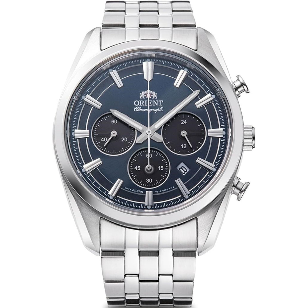 Mens steel chronograph solar watch with navy dial and linked bracelet, 40mm case