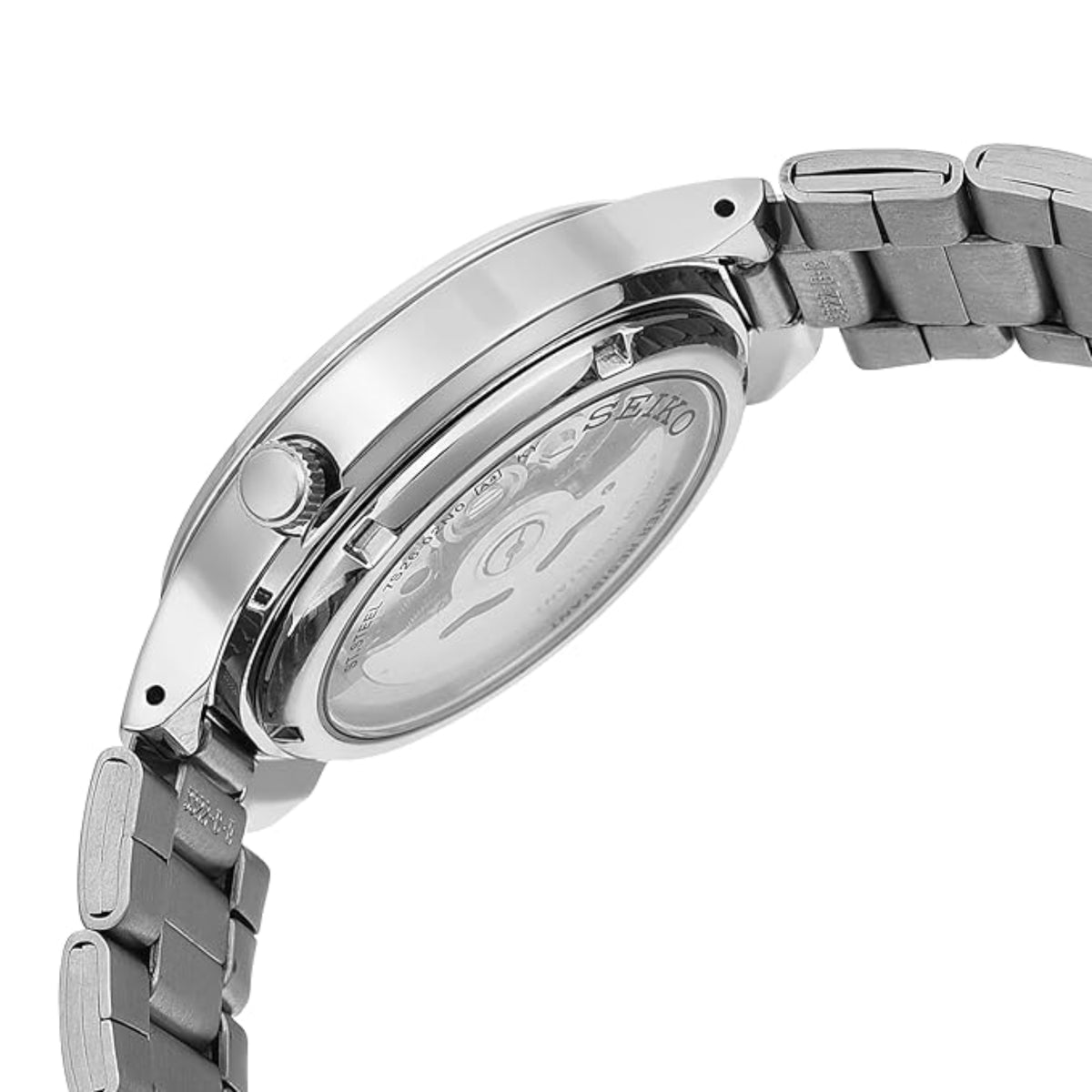 Side angle of Seiko 5 SNKA05K1 mens watch showing the polished case profile and crown