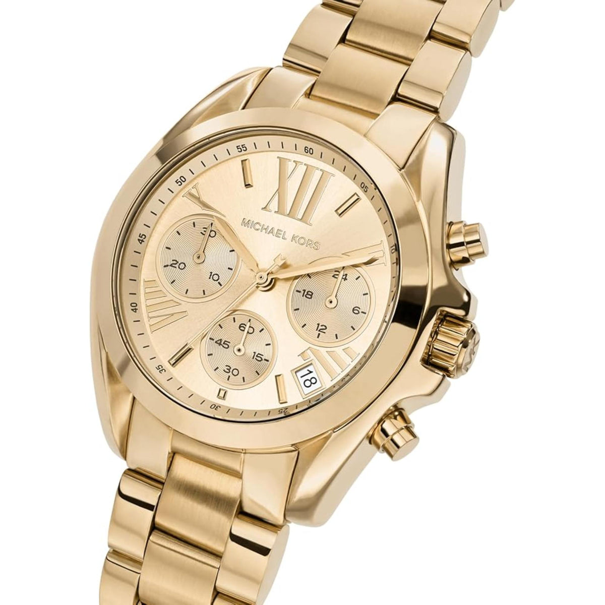 Gold mini chronograph watch, cream dial with Roman numerals, steel bracelet