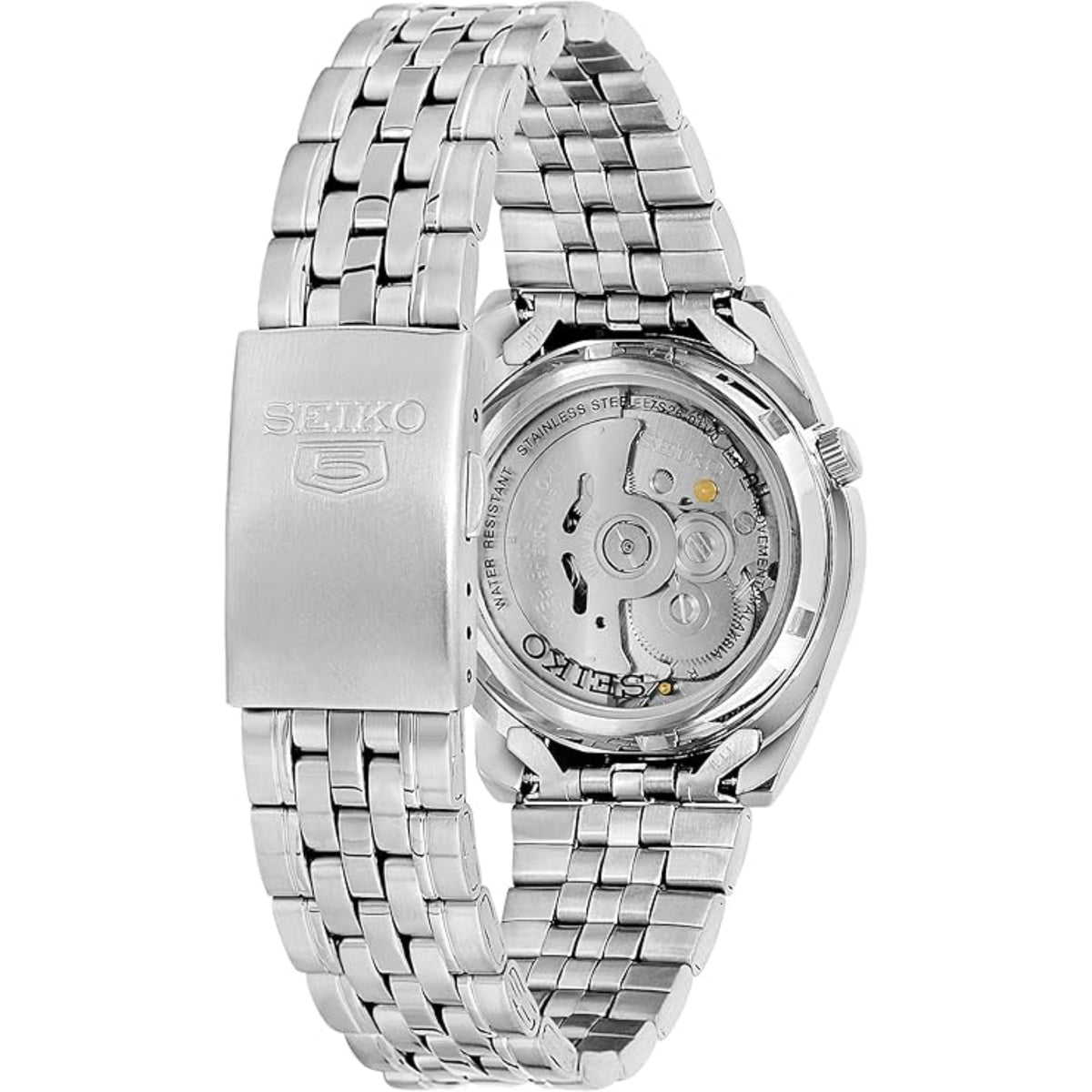 Seiko 5 SNK375K1 mens automatic wristwatch, open caseback with mechanical movement view on steel bracelet