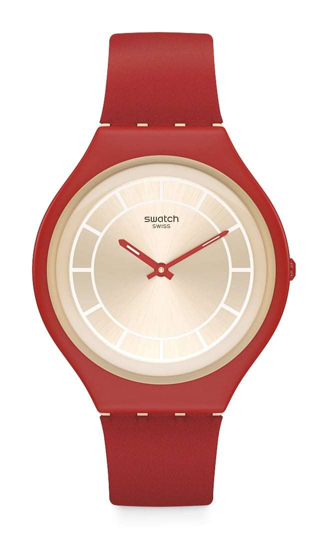 Red leather strap watch with beige dial, red hands and Swatch logo