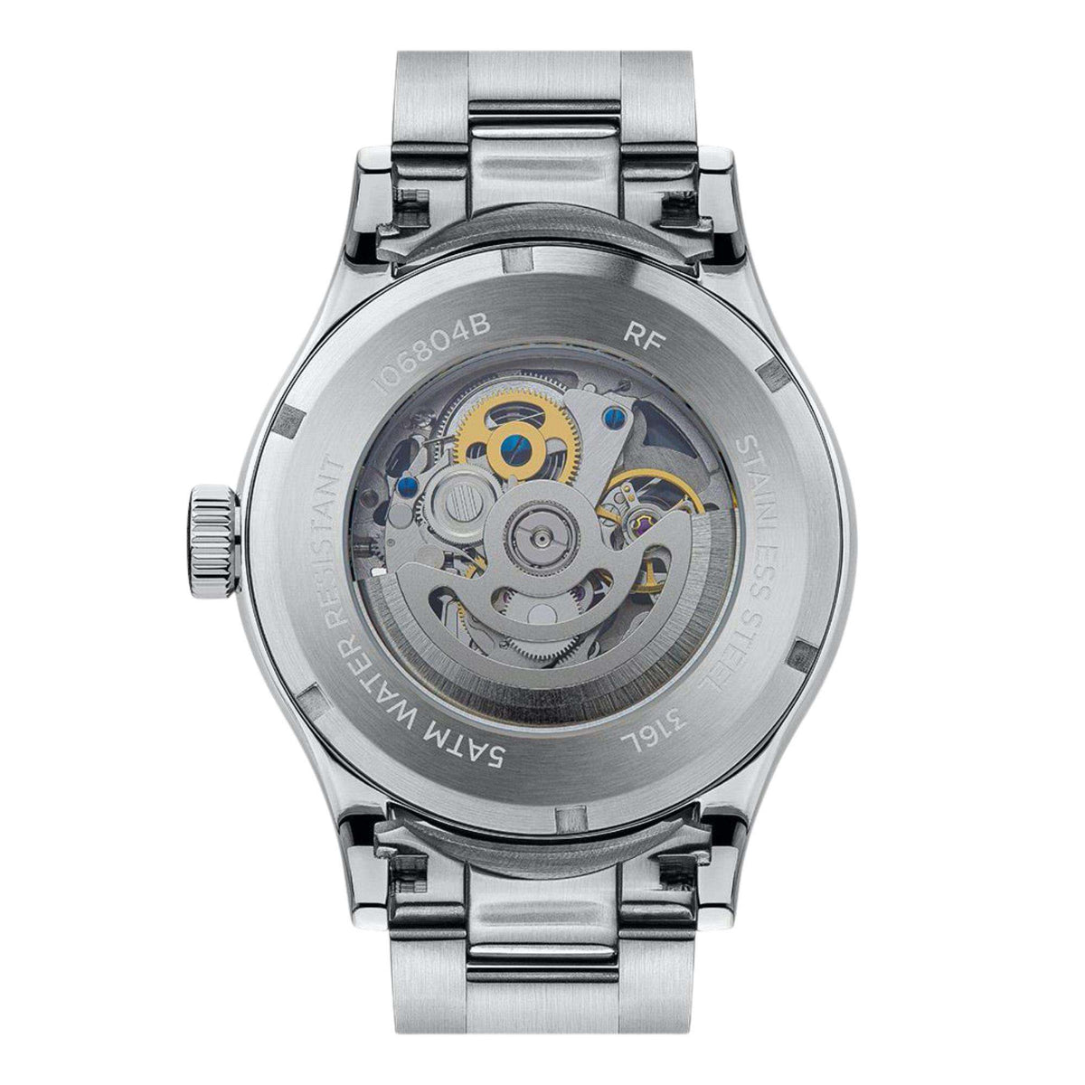 Men's stainless steel watch case back with engraved text and metal bracelet