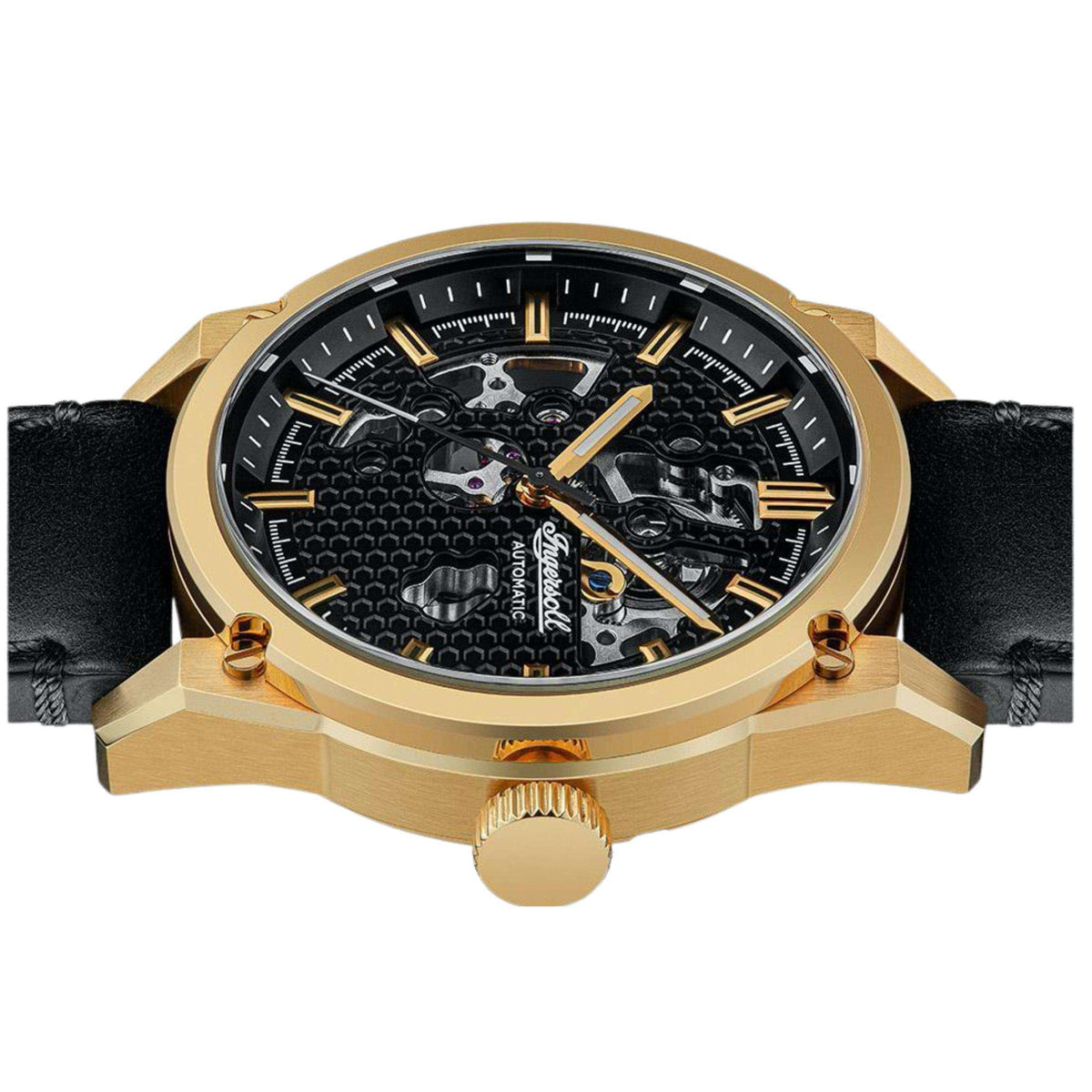 Skeleton-style automatic watch with black dial, gold-tone case, and crown detail