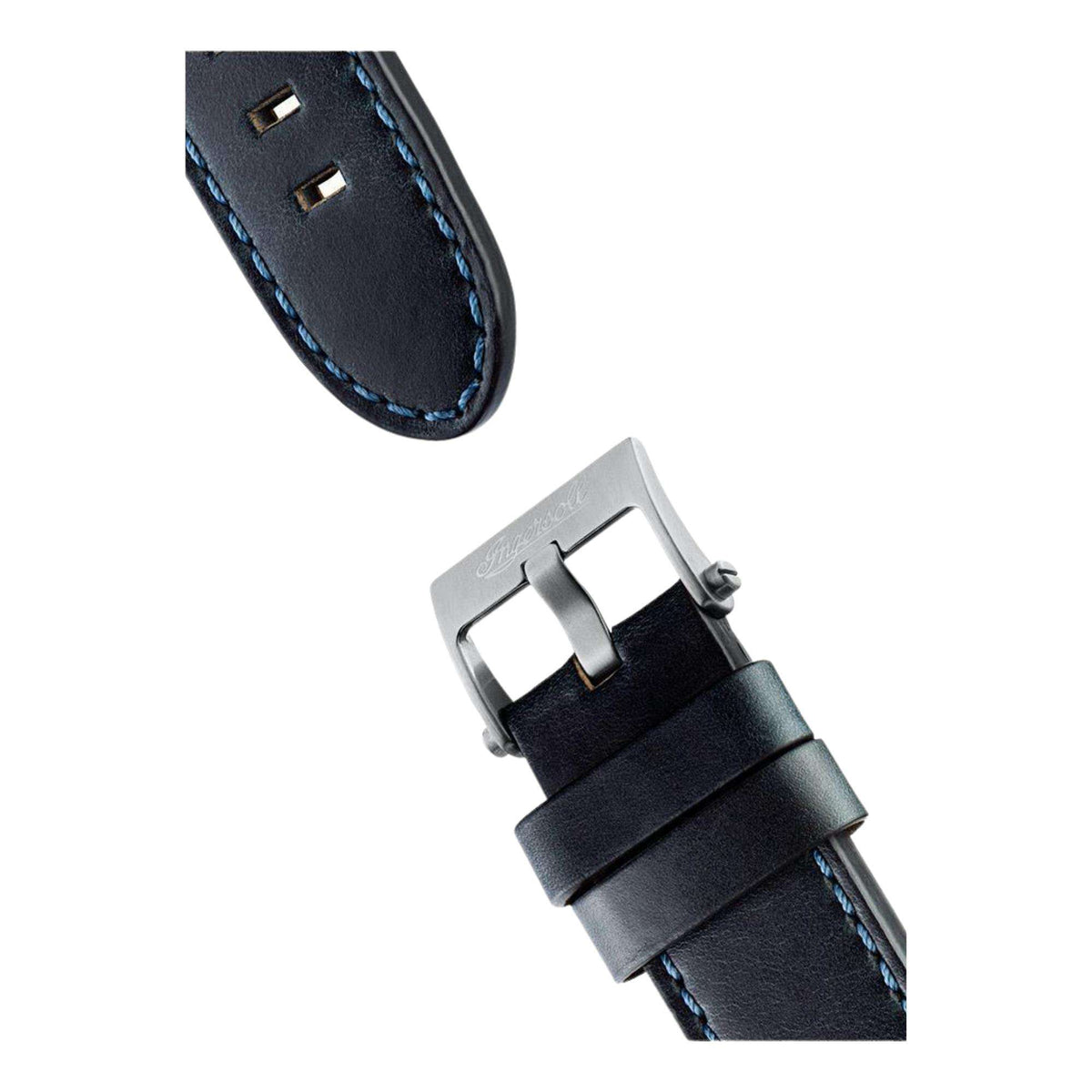 Black leather watch strap close-up with metal buckle and stitch detail.