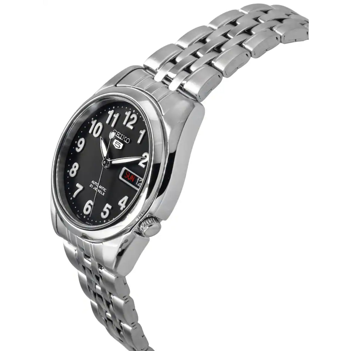 Angled view of Seiko 5 SNK381K1 automatic black dial with steel  bracelet