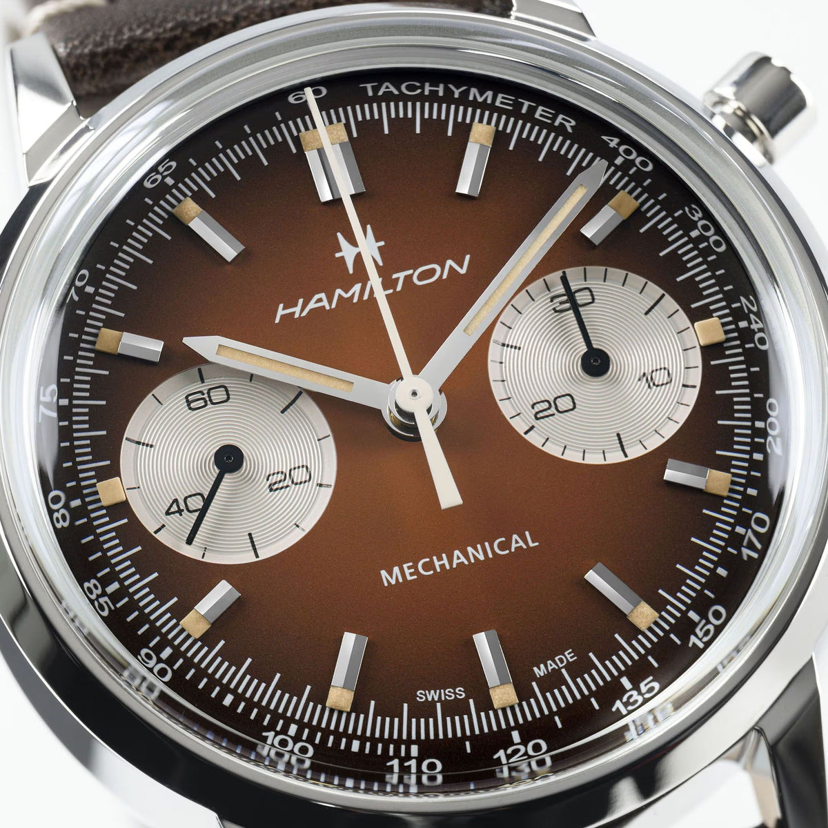 Hamilton chronograph dial with tachymeter bezel, brown center, two subdials, leather strap