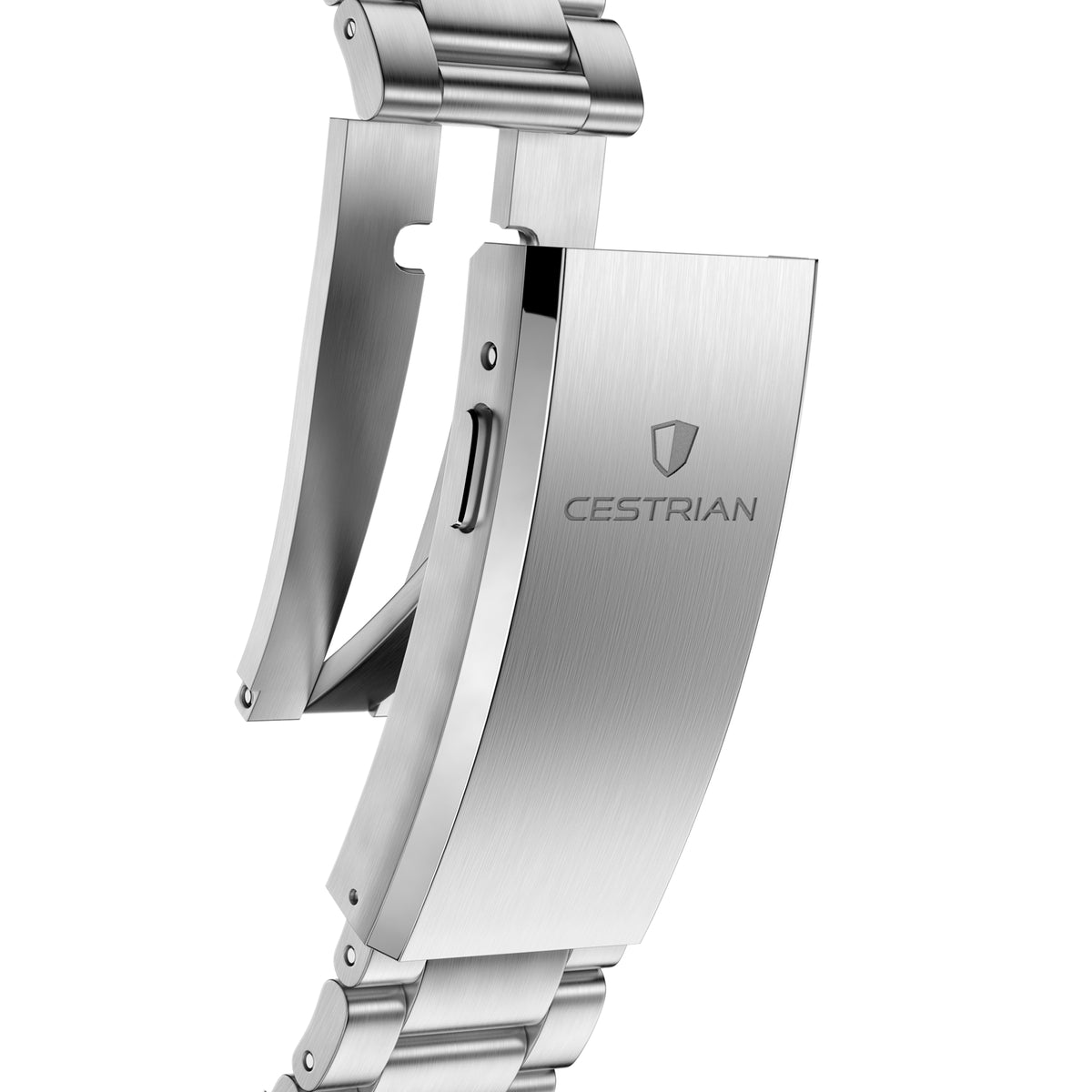 Stainless steel watch bracelet with clasp and CESTRIAN logo plate