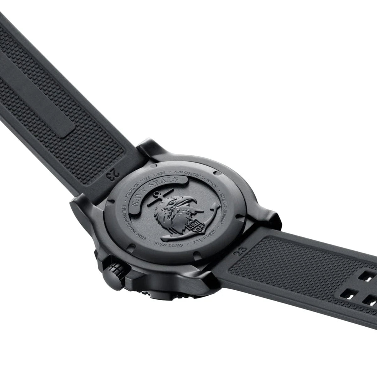 Luminox Navy SEAL watch back view with engraved back plate on black strap