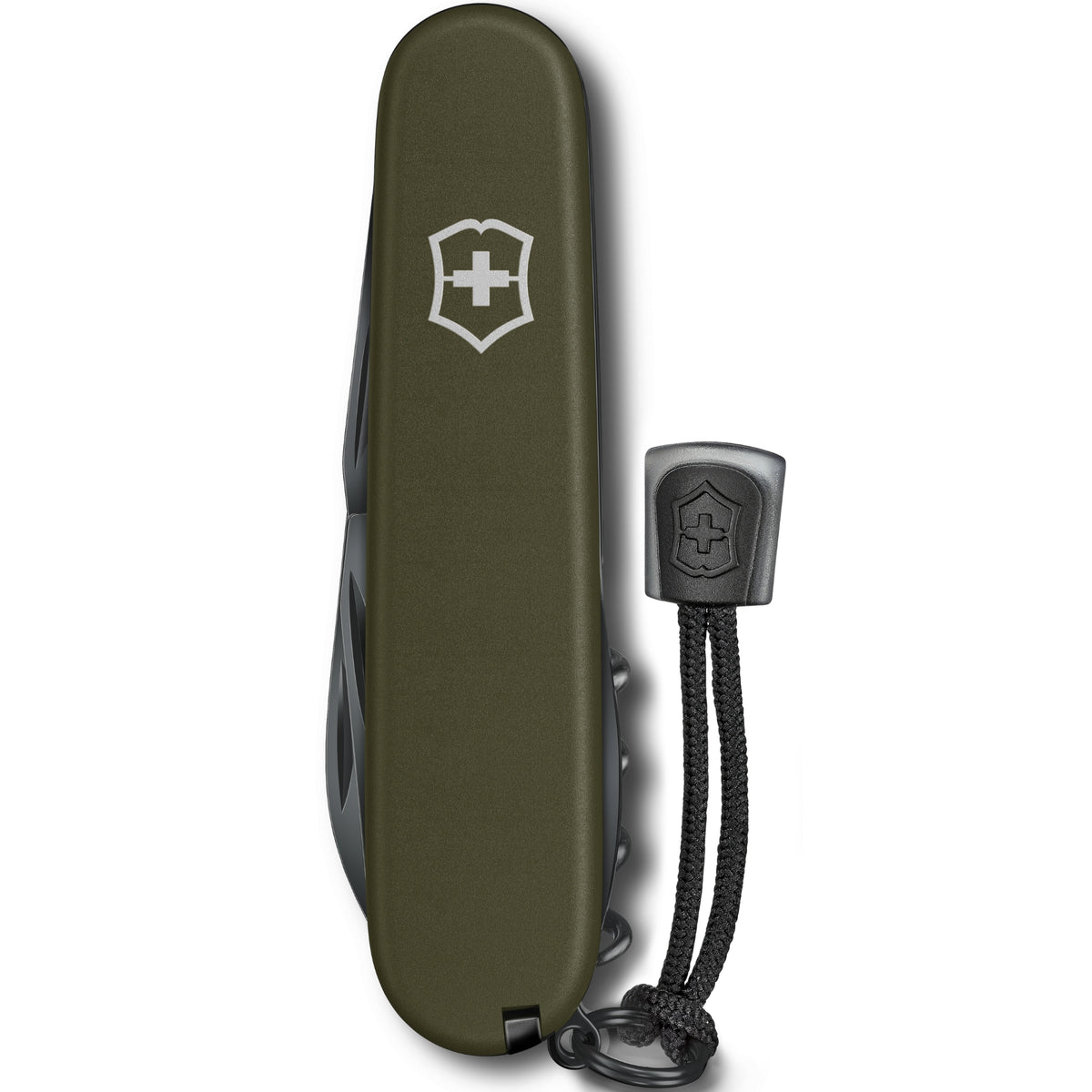 An olive green Victorinox pocket knife shown closed