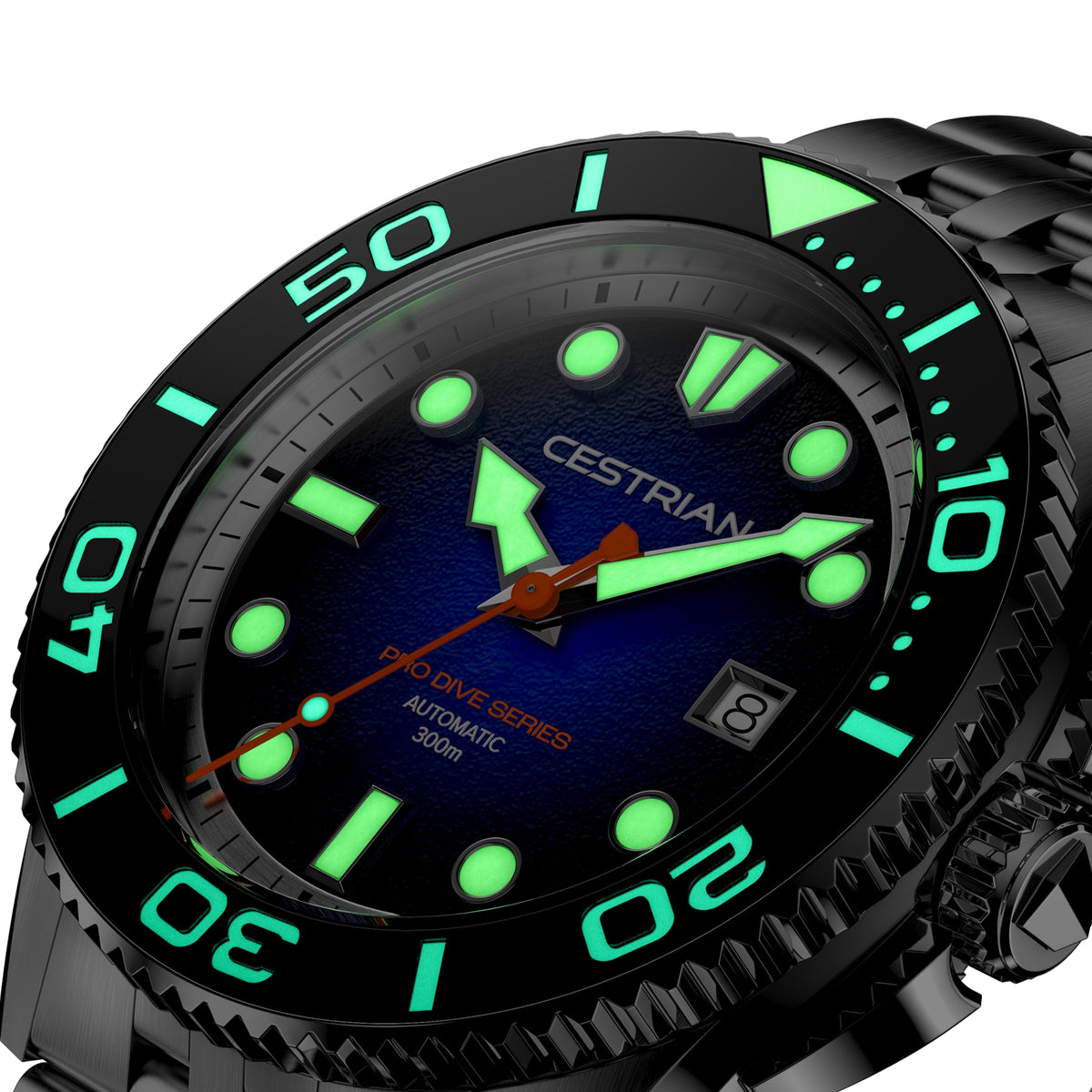 Men's dive watch close-up with dark blue dial, green hands, and black rotating bezel.