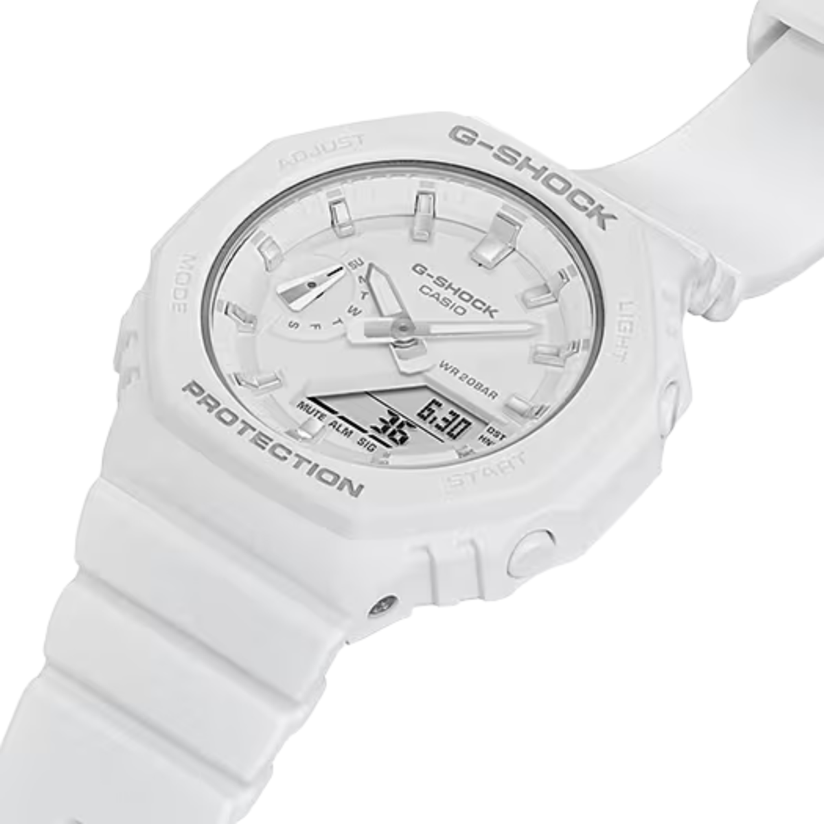 Casio G-Shock GMA-S2100-7AER angled perspective showcasing white octagonal bezel with integrated resin strap