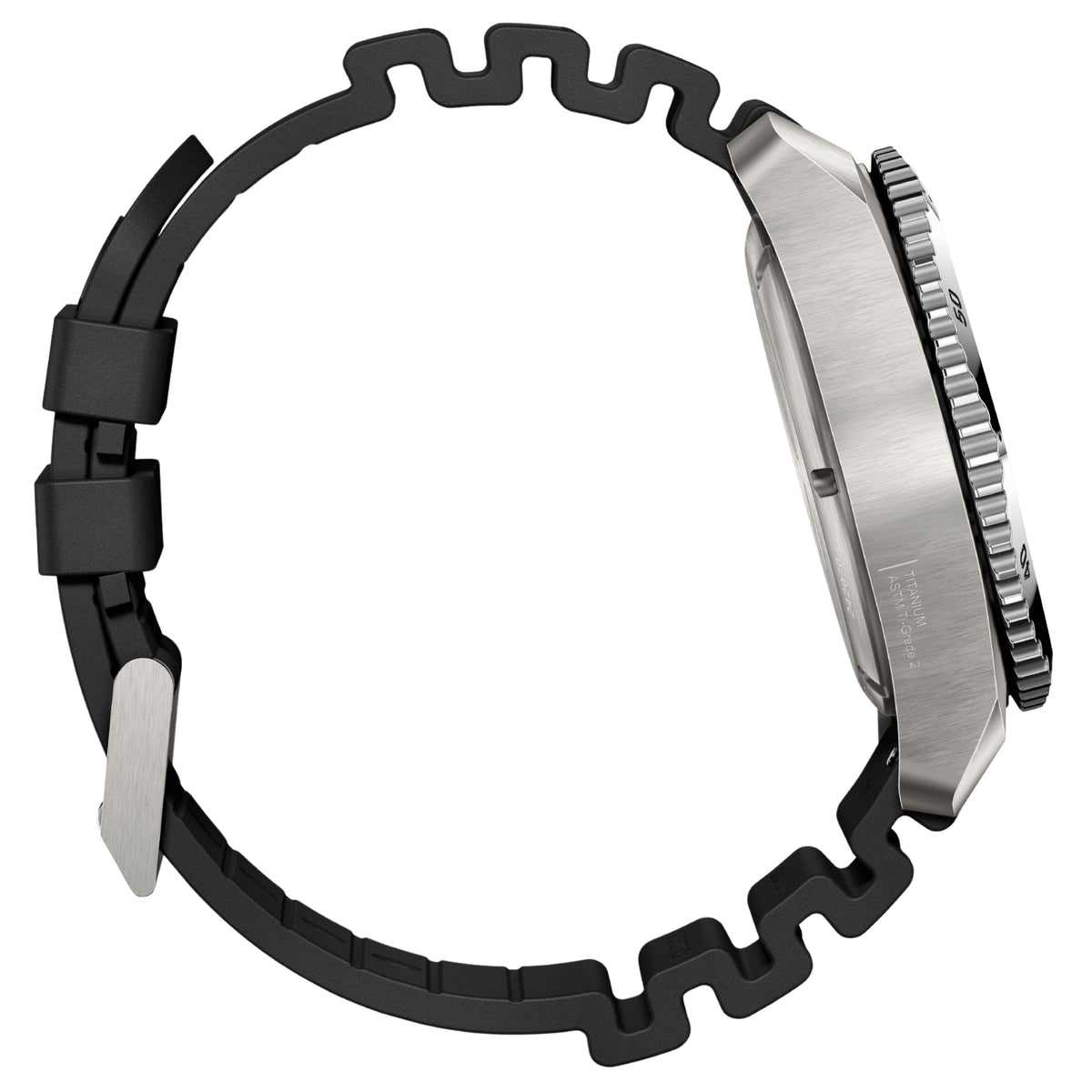 Angled view of men's diving watch with black rubber band and stainless bezel