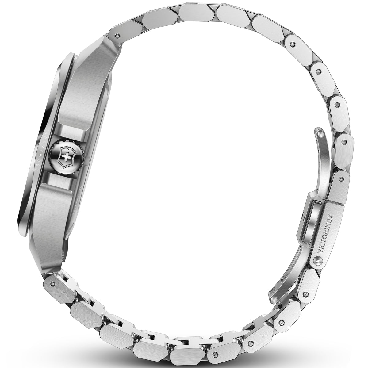 Side view of Victorinox I.N.O.X. 242020 showing stainless steel case, crown and bracelet