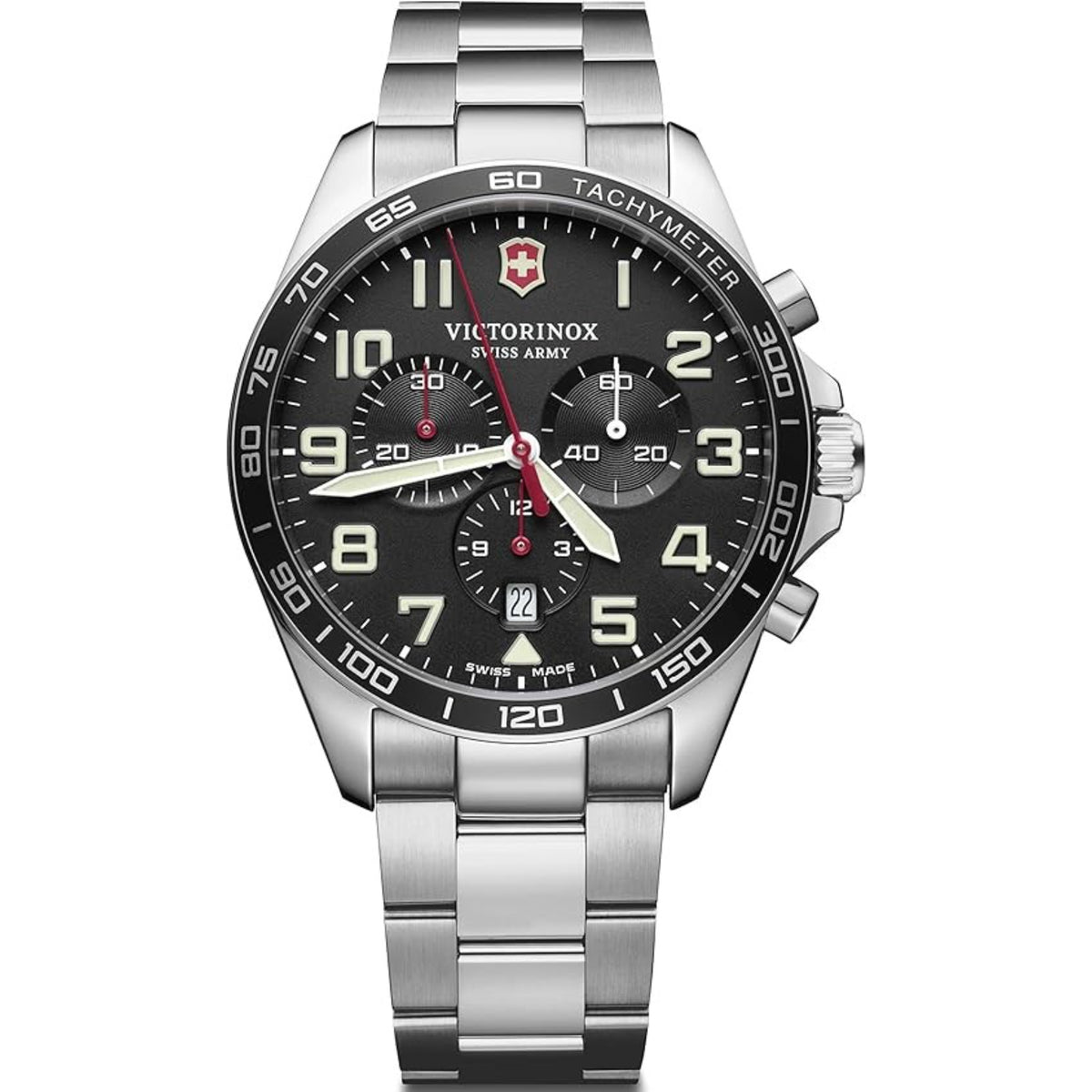 Steel men’s quartz chronograph watch with black dial, tachymeter bezel, and metal bracelet.