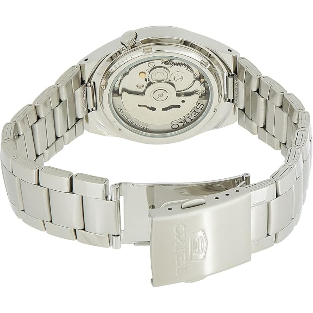 Seiko 5 Automatic SNK615K1 exhibition caseback and bracelet three-quarter view