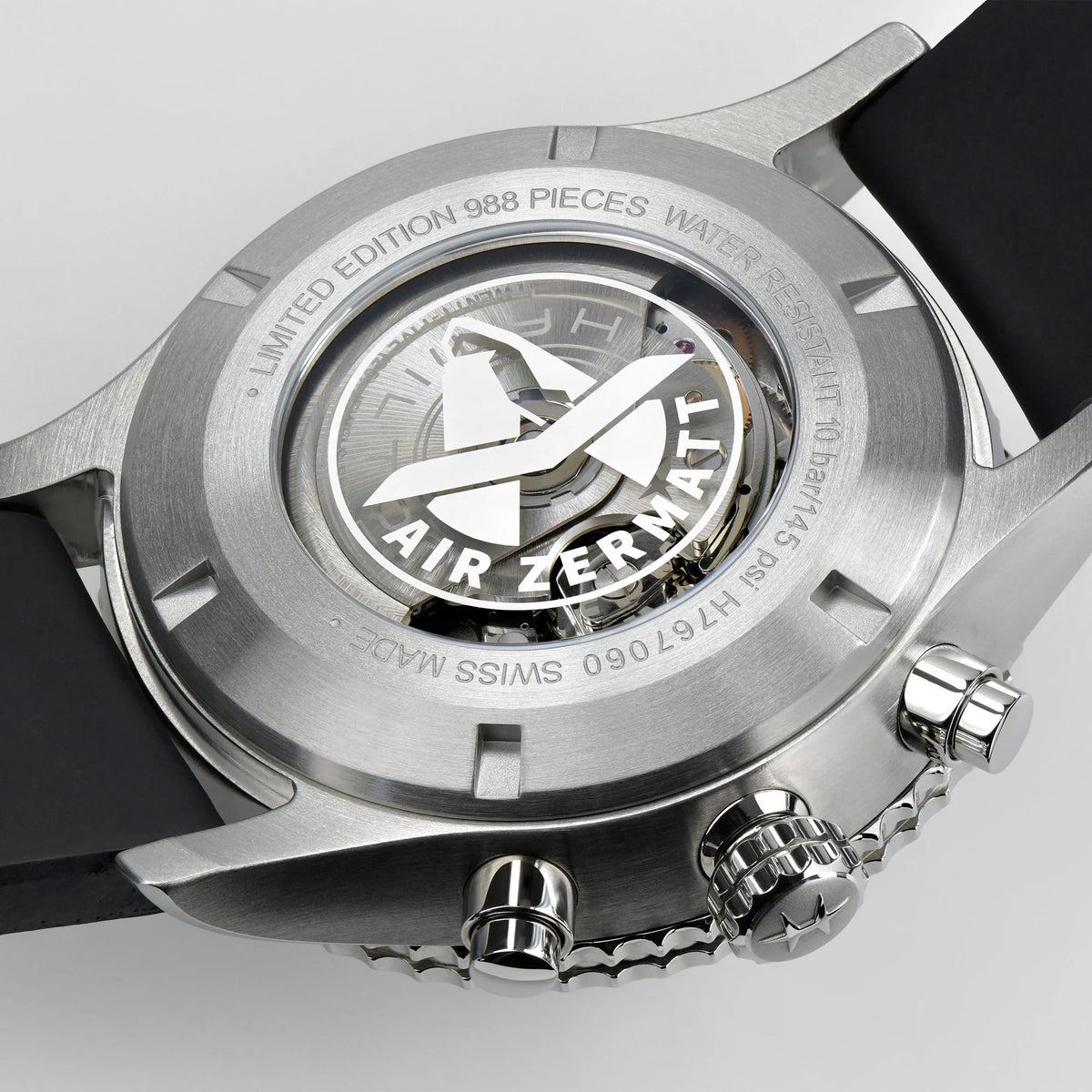 Men's automatic pilot watch case back with engraved limited edition medallion