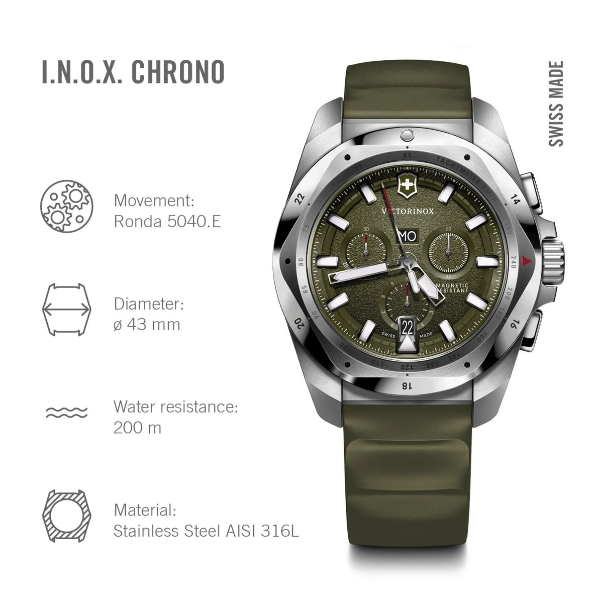 Victorinox I.N.O.X. 43mm Green Dial Rubber Mens Quartz Watch 242081