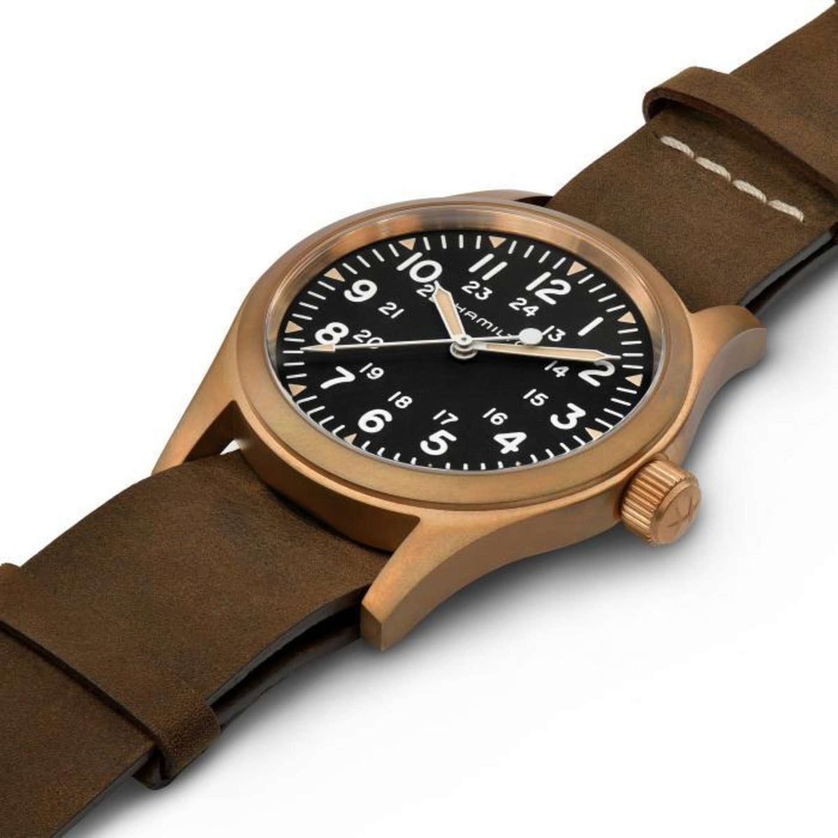 Hamilton Khaki Field H69459530 hand-winding timepiece studio shot displaying bronze case, black dial, winding crown, and brown leather strap